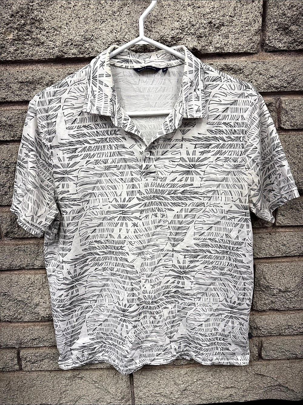 Island Trotters Men’s M White Grey Tropical Palm Leaf Print Cotton Polo Shirt